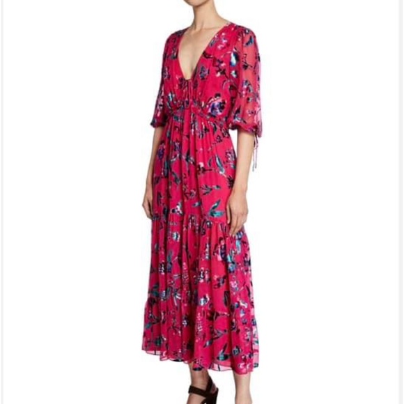 TANYA TAYLOR DULCE FLORAL BURNOUT SILK VELVET 3/4 SLEEVE TIERED MIDI DRESS - Picture 1 of 4